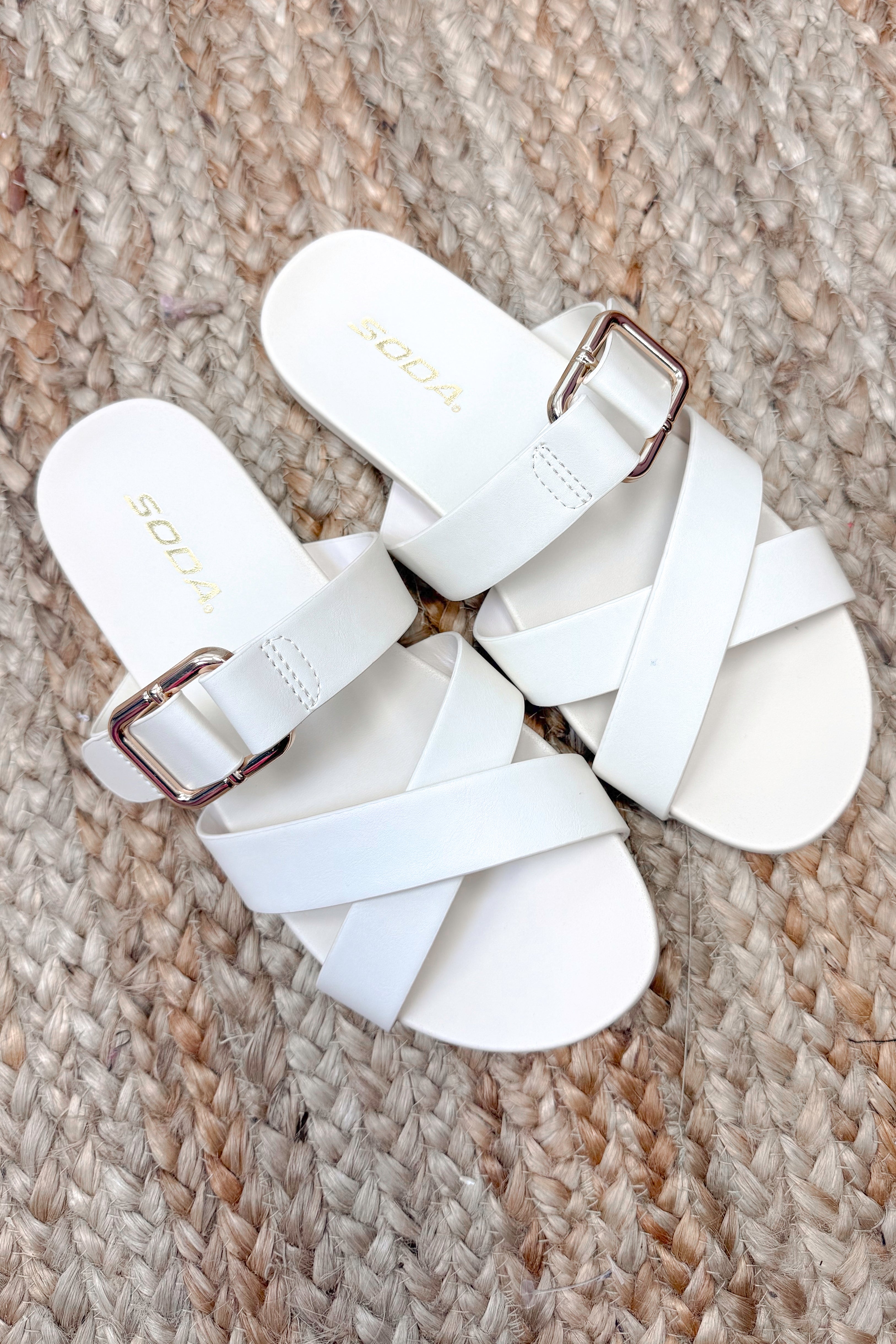 Terse- Bone Multi Strap Buckle Detail Sandal against neutral background.