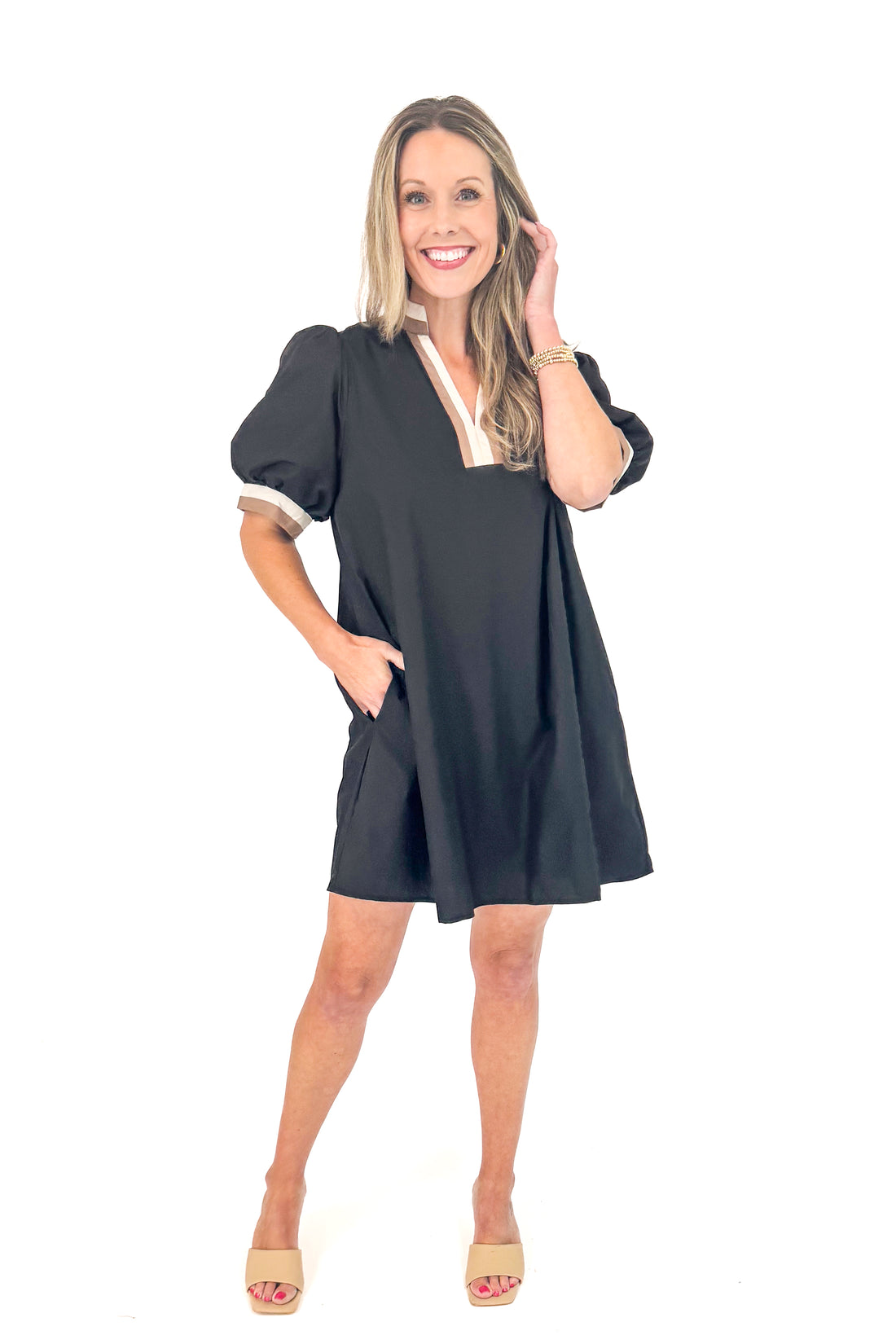 Swept Away Black With Cream &amp; Brown Stripe Detail Dress