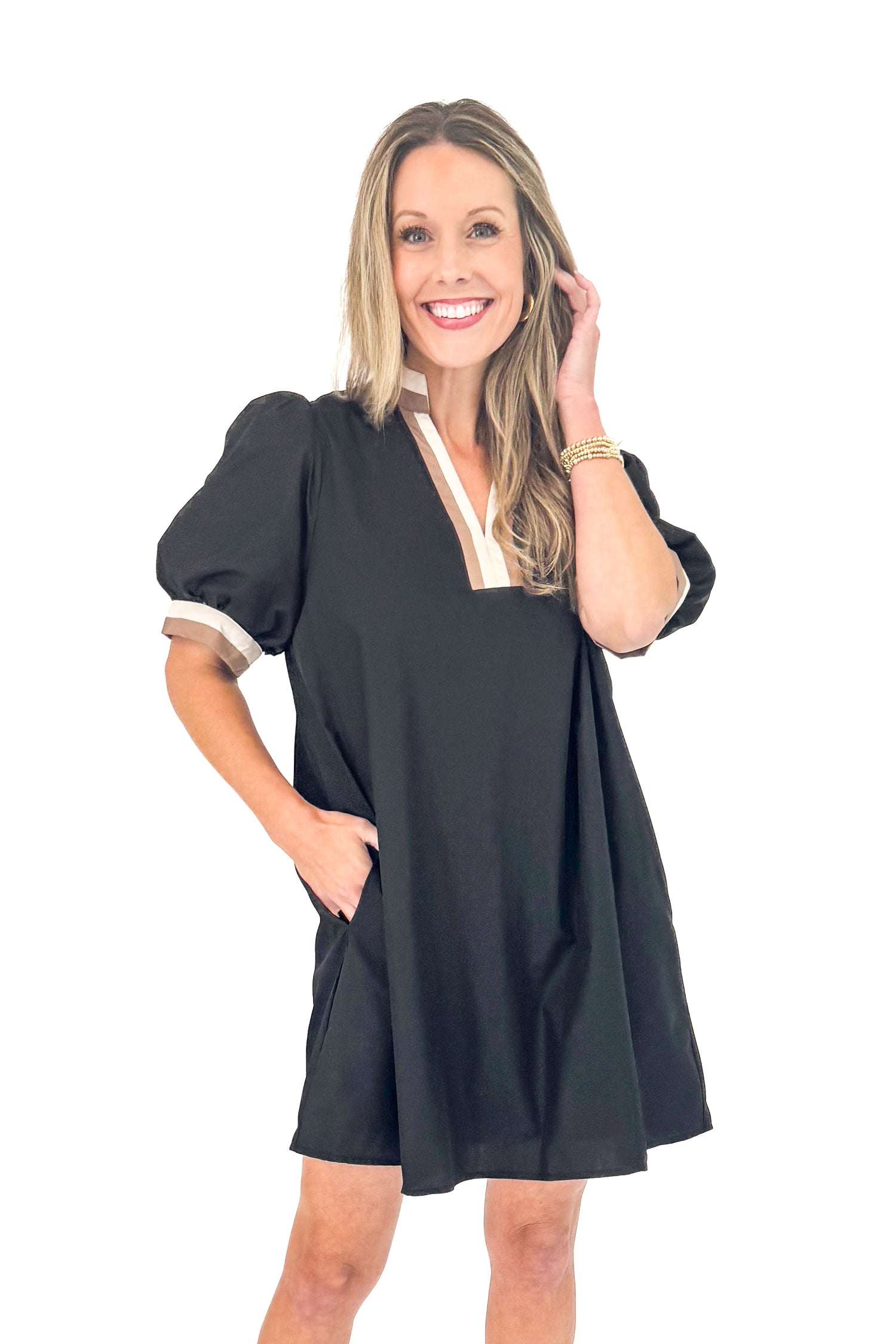 Swept Away Black With Cream &amp; Brown Stripe Detail Dress
