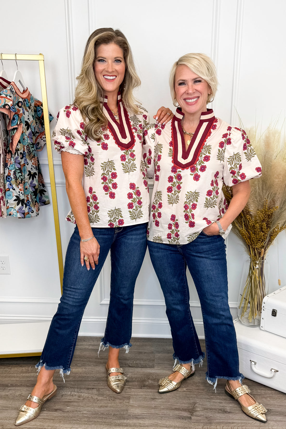 Little By Little Ecru Floral Print With Burgundy Lined Top by Entro