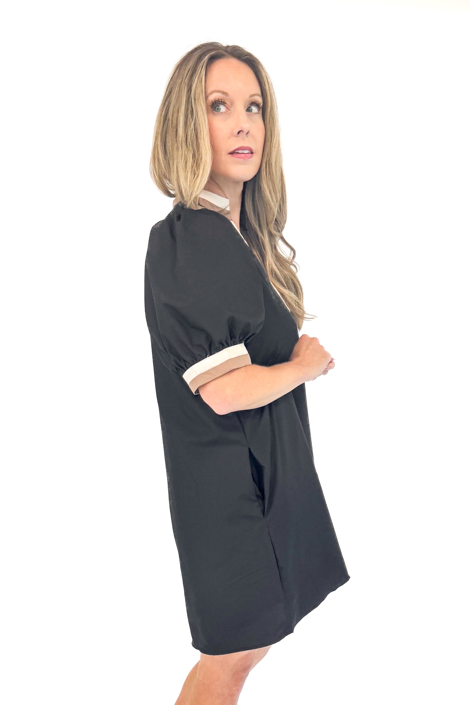 Swept Away Black With Cream &amp; Brown Stripe Detail Dress