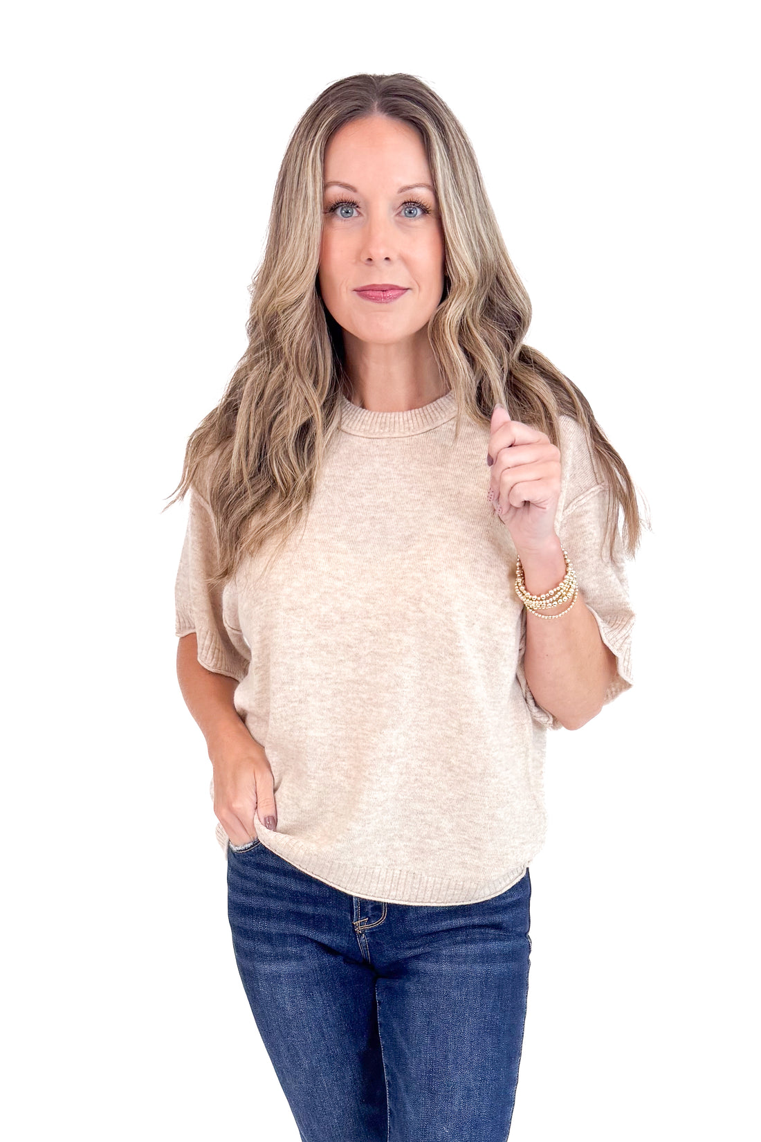 Comfort Zone Oatmeal Ribbed Hem Detail Short Sleeve Sweater