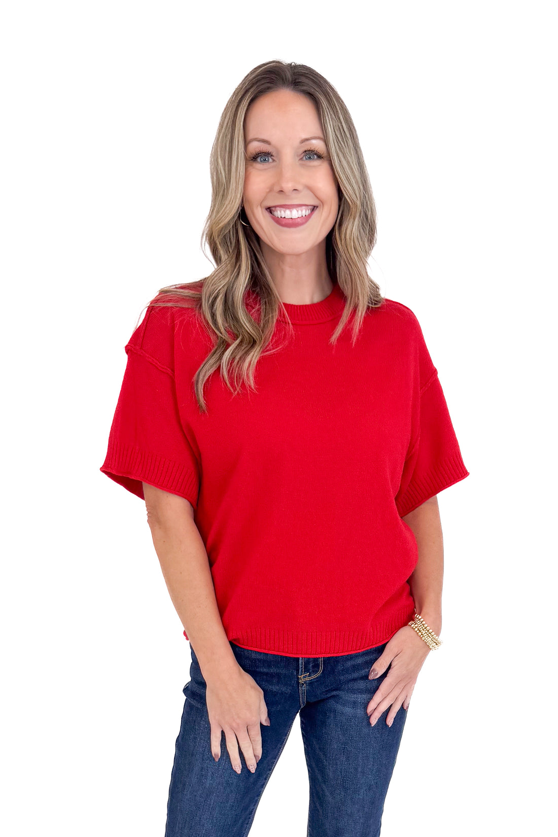 Comfort Zone Red Ribbed Hem Detail Short Sleeve Sweater