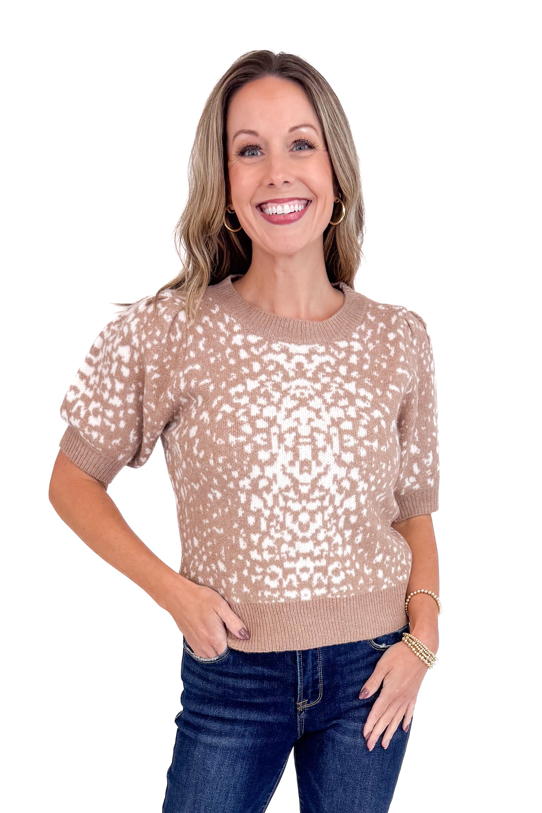 Double Take Taupe &amp; White Animal Print Short Puff Sleeve Sweater by Entro