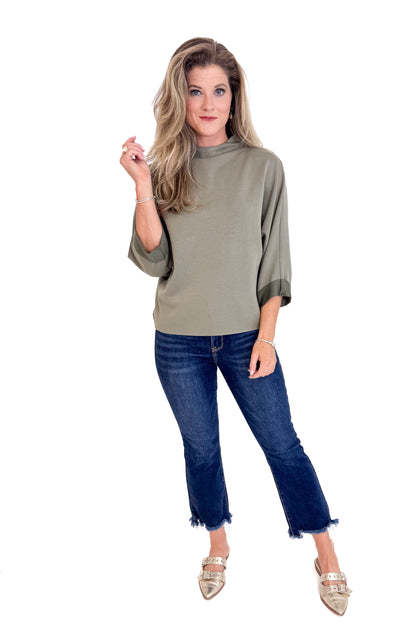 Matter Of Time Olive Mock Neck 3/4 Sleeve Top by Fate
