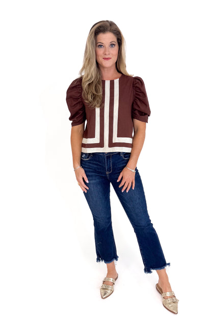 Leaf Me Be Brown Stripe Detail Puff Sleeve Top by Entro