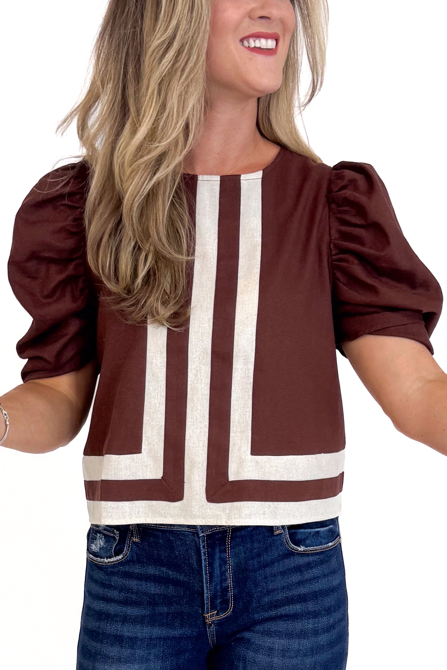 Leaf Me Be Brown Stripe Detail Puff Sleeve Top by Entro