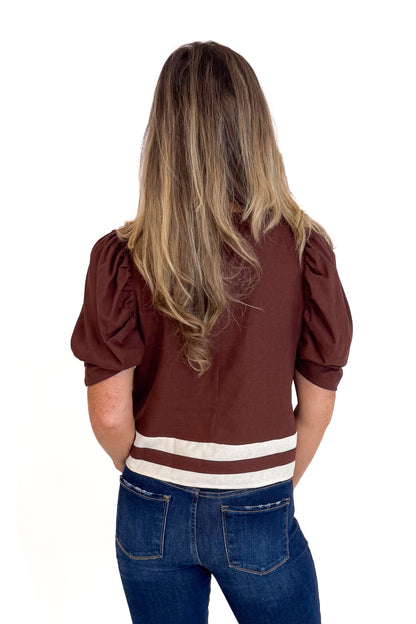 Leaf Me Be Brown Stripe Detail Puff Sleeve Top by Entro