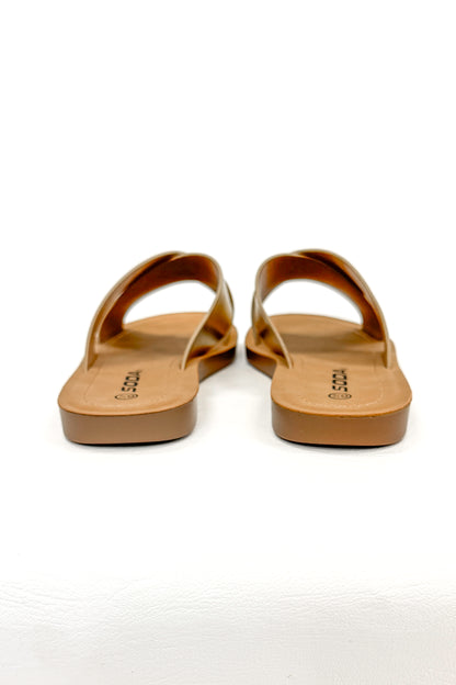 Reflect- Gold Cross Strap Sandals against white studio background back view.