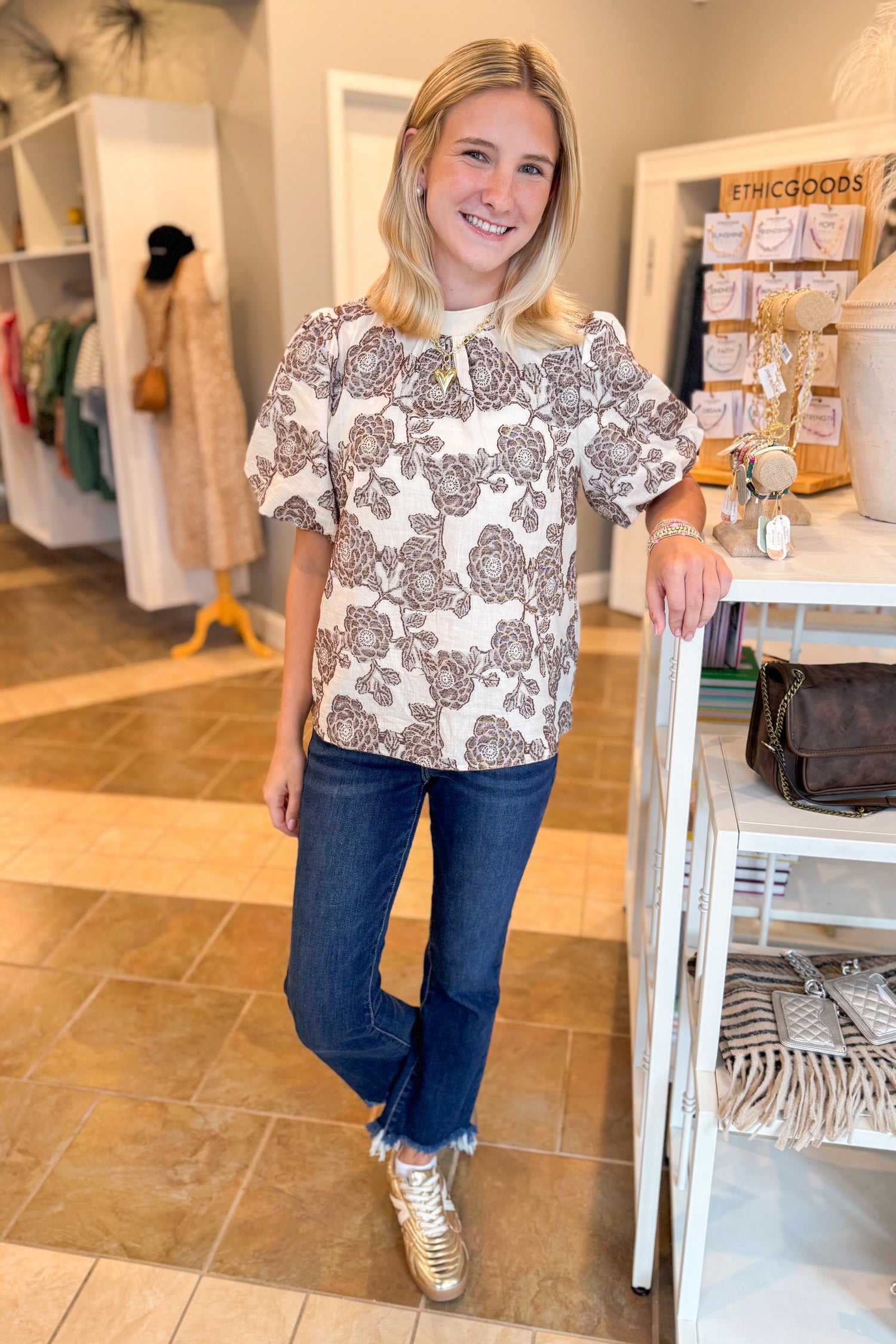 Matcha Mood Cream &amp; Taupe Textured Floral Top