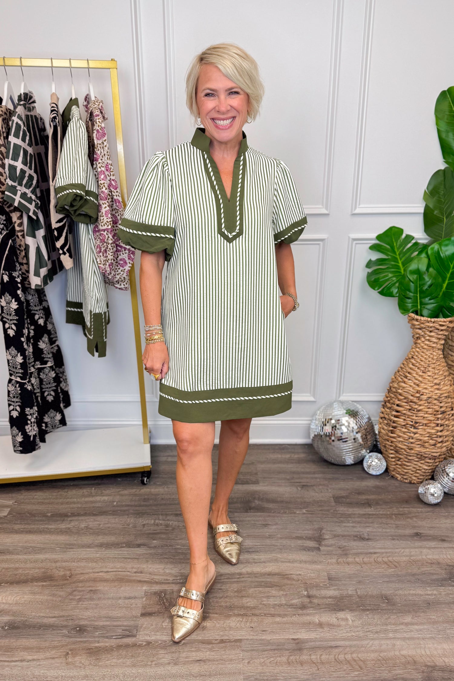 First Things First Olive &amp; Cream Striped With Olive Lining Dress by Entro