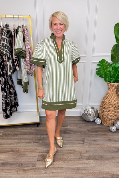 First Things First Olive &amp; Cream Striped With Olive Lining Dress by Entro