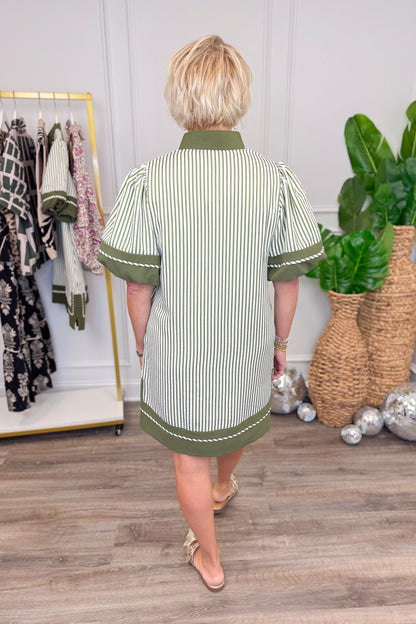 First Things First Olive &amp; Cream Striped With Olive Lining Dress by Entro