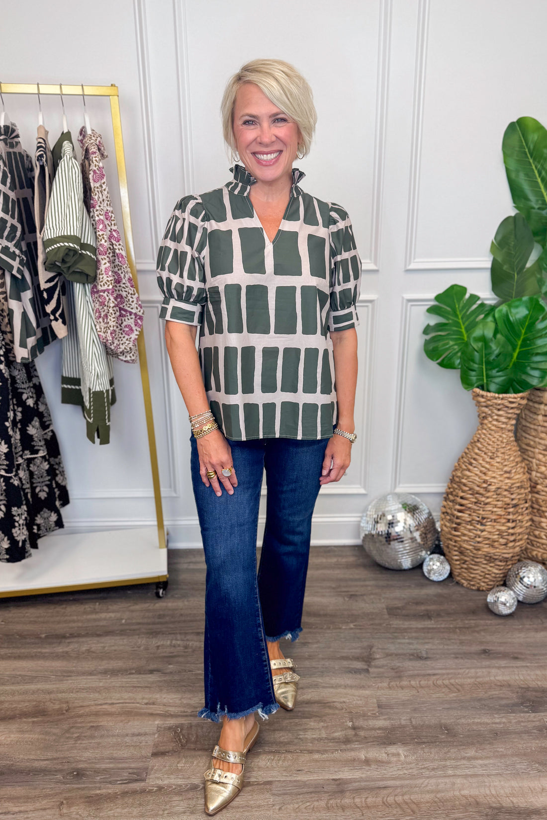 Hold My Hand Olive &amp; Khaki Abstract Print V-neck Top by Entro