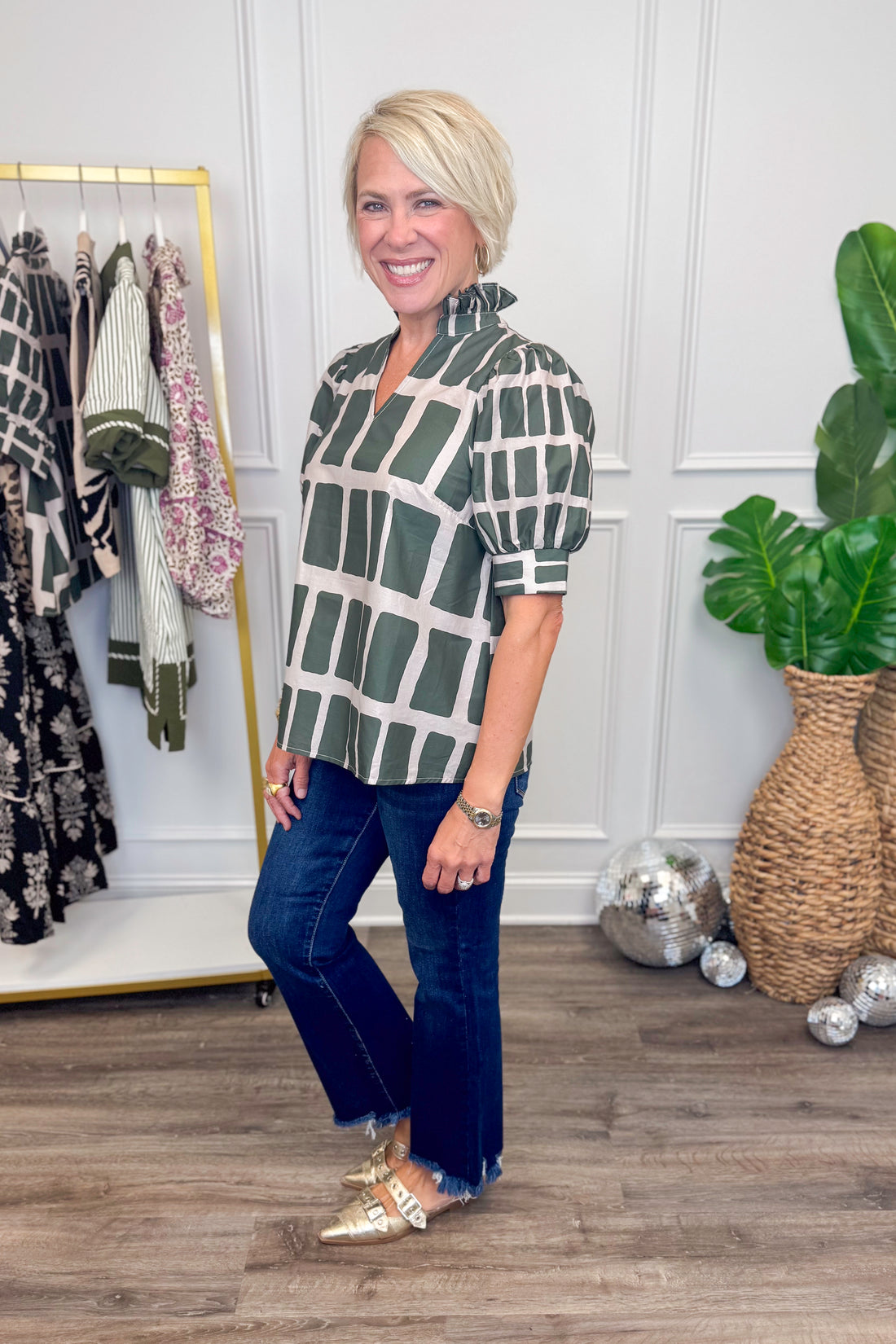 Hold My Hand Olive &amp; Khaki Abstract Print V-neck Top by Entro