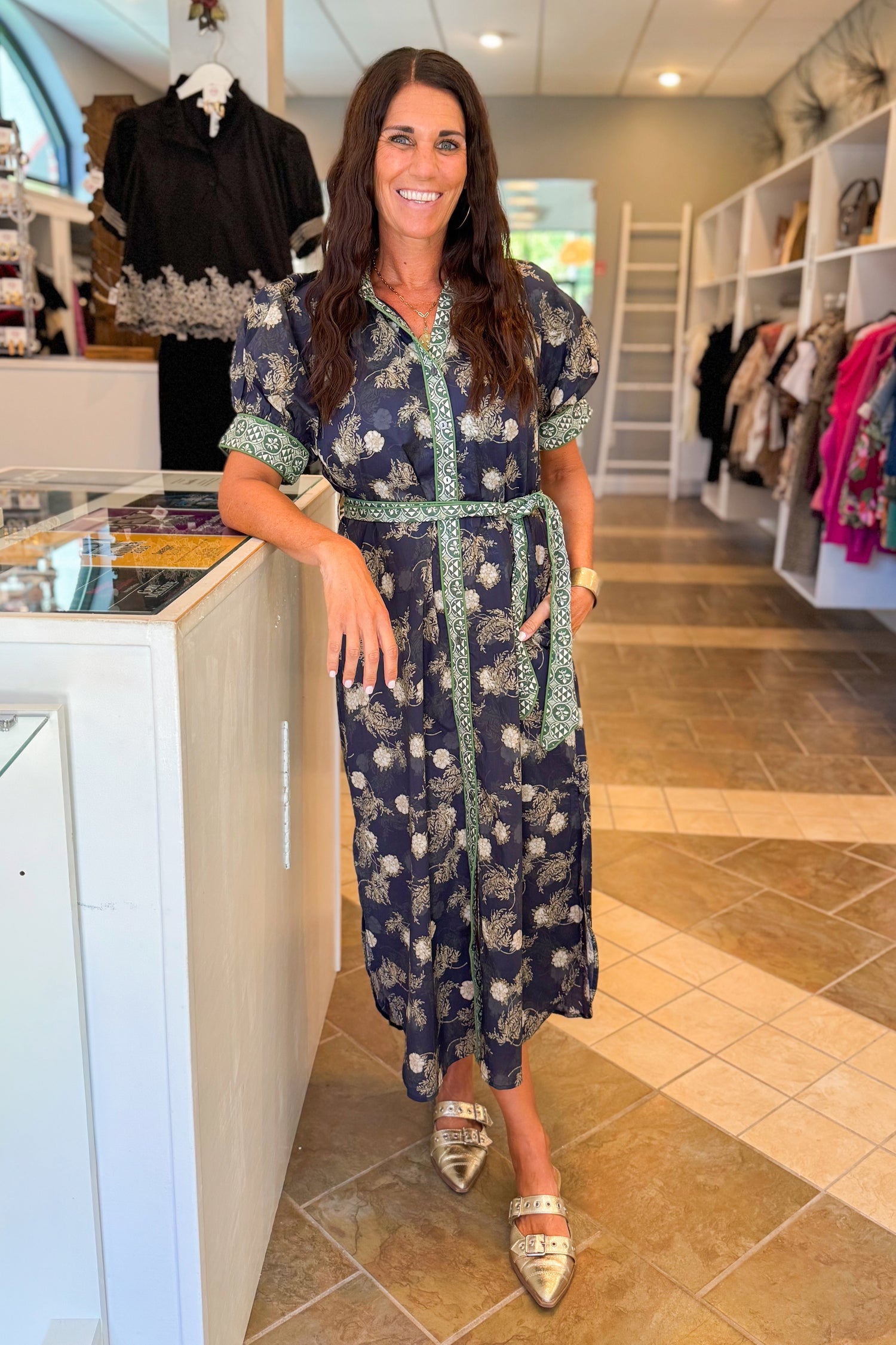 Don’t Be Shy Navy &amp; Olive Floral Printed Midi Dress