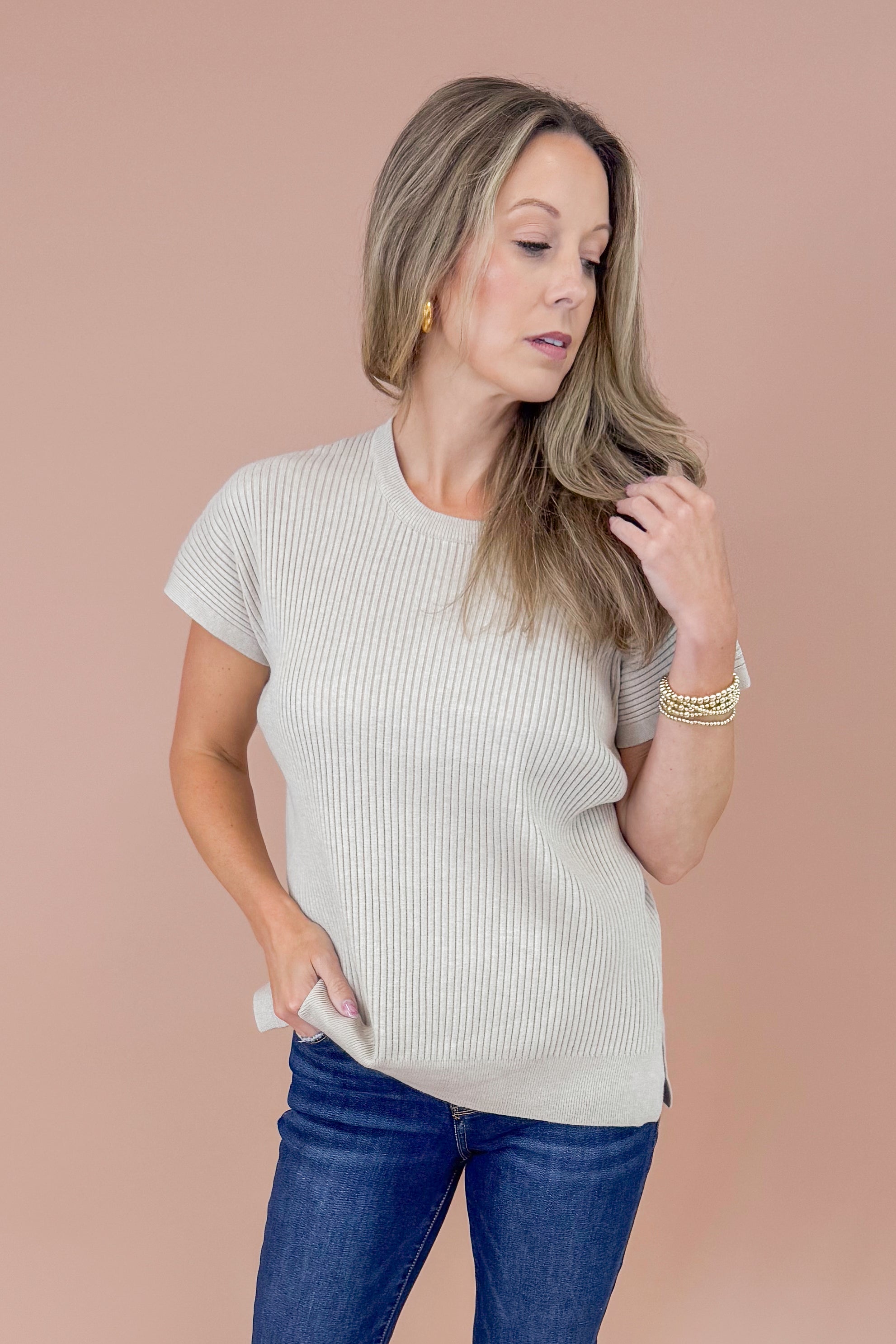 Easy Does It Taupe Ribbed Short Sleeve Sweater