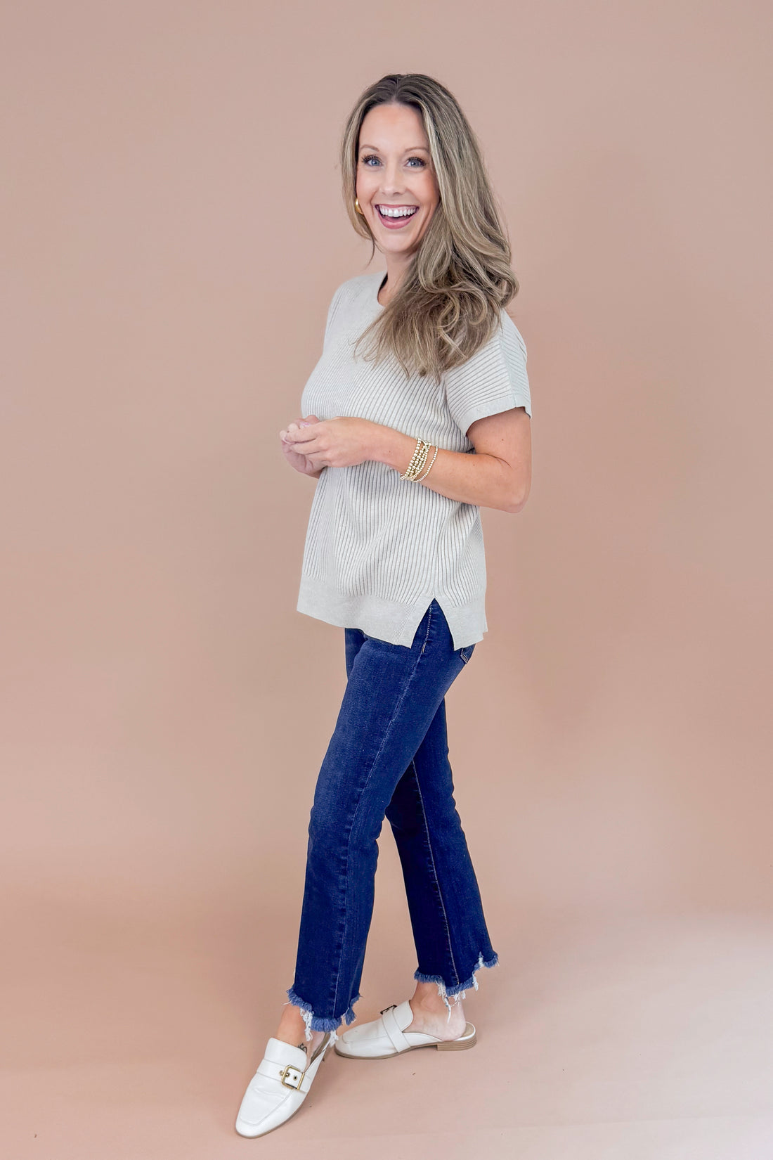 Easy Does It Taupe Ribbed Short Sleeve Sweater