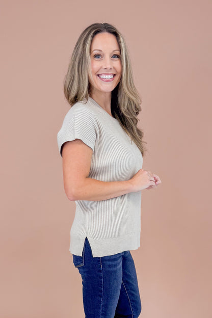 Easy Does It Taupe Ribbed Short Sleeve Sweater
