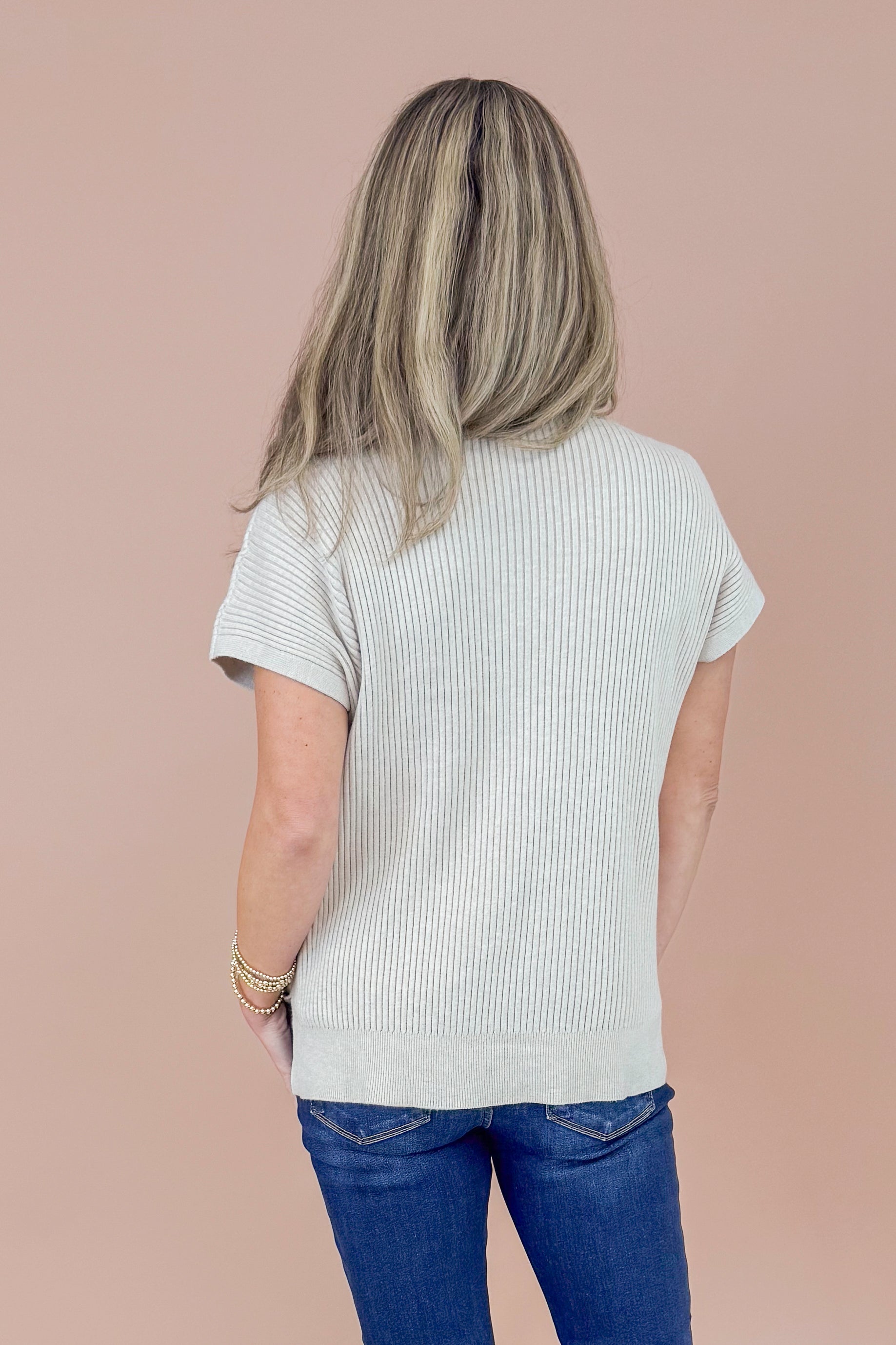 Easy Does It Taupe Ribbed Short Sleeve Sweater