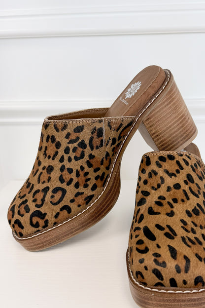 Idalina- Leopard Clog against white studio background.