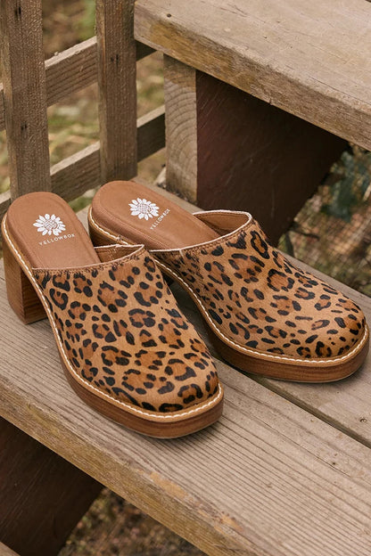 Idalina- Leopard Clog displayed outside.
