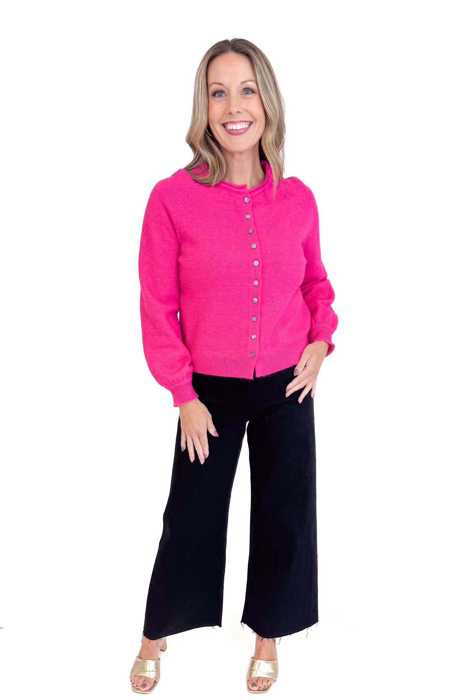 Good Energy Hot Pink Button Up Puff Sleeve Cardigan by Entro