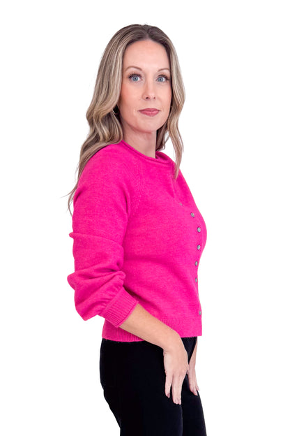 Good Energy Hot Pink Button Up Puff Sleeve Cardigan by Entro