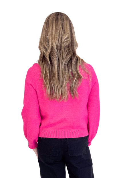 Good Energy Hot Pink Button Up Puff Sleeve Cardigan by Entro