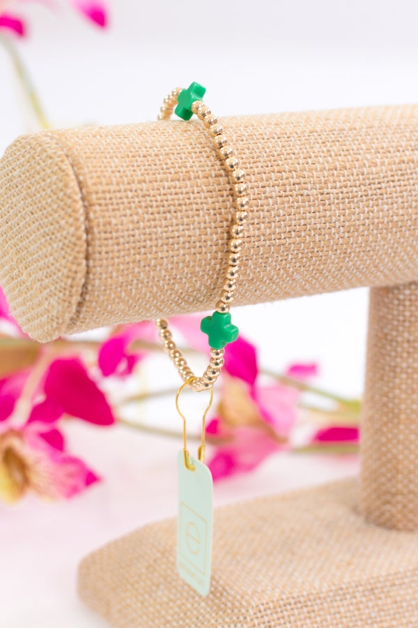 Signature Cross Gold Pattern 3mm Bead Bracelet in Emerald by enewton
