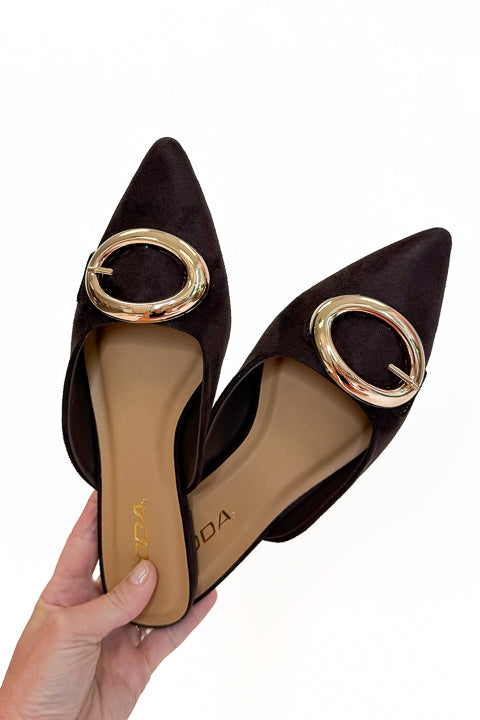 Jamie- Brown Suede Buckle Mule against white background. 