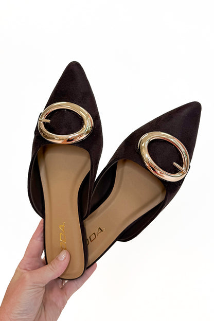 Jamie- Brown Suede Buckle Mule against white background. 