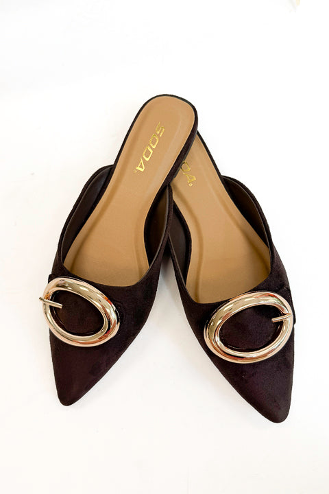 Jamie- Brown Suede Buckle Mule against white background. 