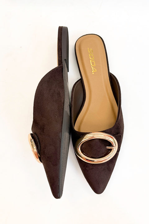 Jamie- Brown Suede Buckle Mule against white background. 