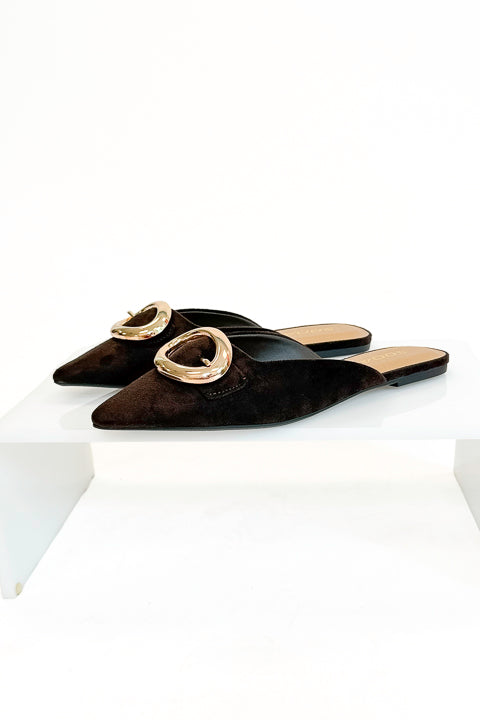 Jamie- Brown Suede Buckle Mule against white background side view.