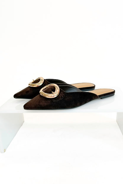 Jamie- Brown Suede Buckle Mule against white background side view.