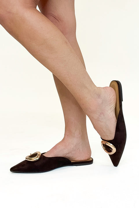 Jamie- Brown Suede Buckle Mule against white background side view.