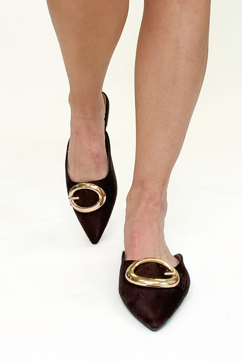 Jamie- Brown Suede Buckle Mule against white background front view.