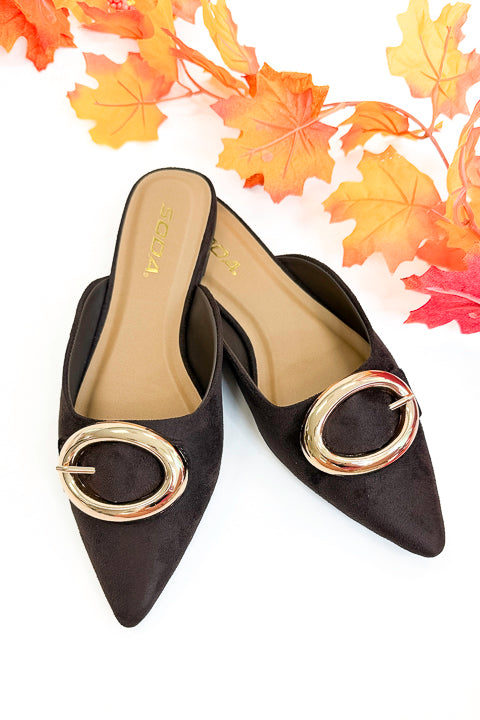 Jamie- Brown Suede Buckle Mule against white background. 