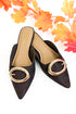 Jamie- Brown Suede Buckle Mule against white background. 