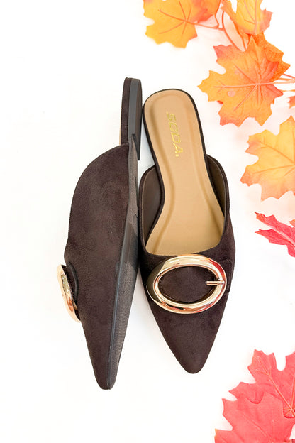 Jamie- Brown Suede Buckle Mule against white background. 