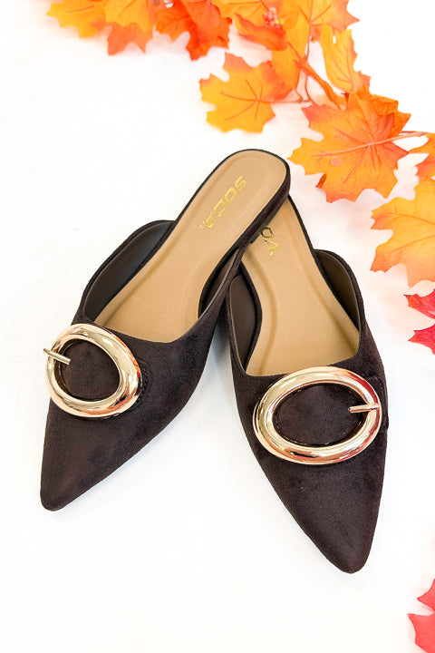 Jamie- Brown Suede Buckle Mule against white background. 