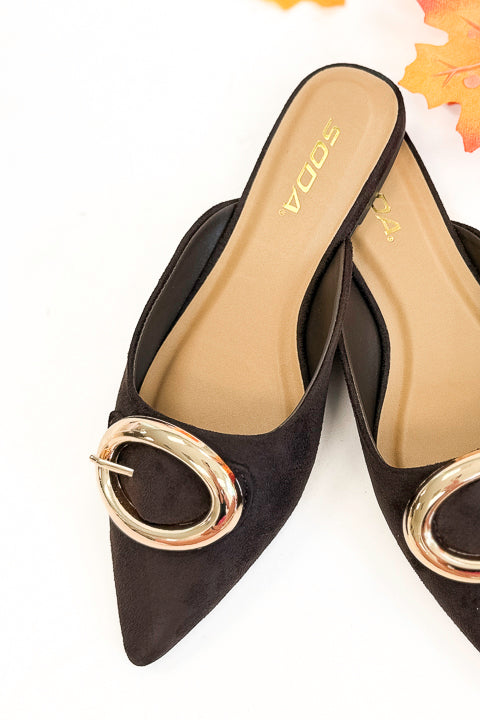 Jamie- Brown Suede Buckle Mule against white background. 