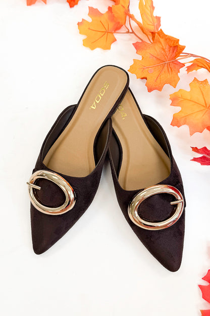 Jamie- Brown Suede Buckle Mule against white background. 