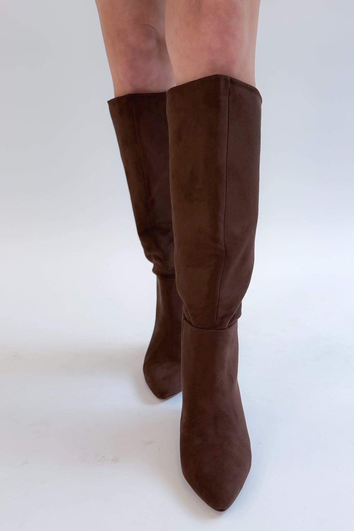 Joanna- Brown Suede Tall Boot against white studio background front view.