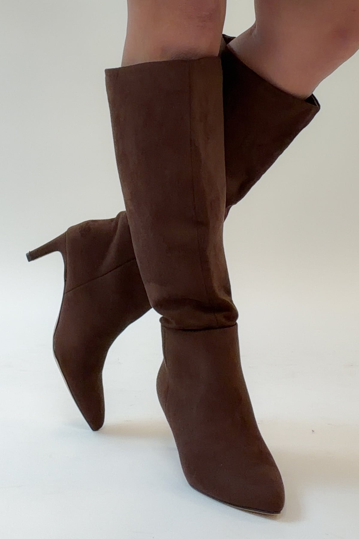Joanna- Brown Suede Tall Boot against white studio background.