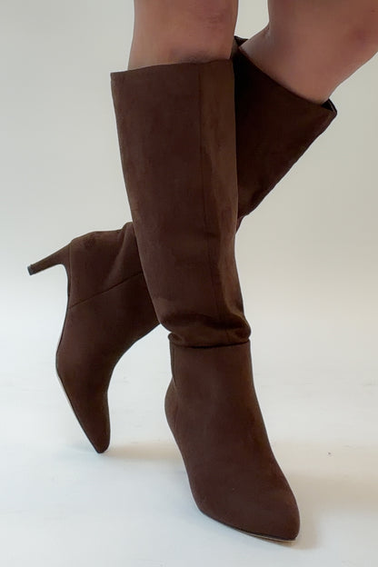Joanna- Brown Suede Tall Boot against white studio background.