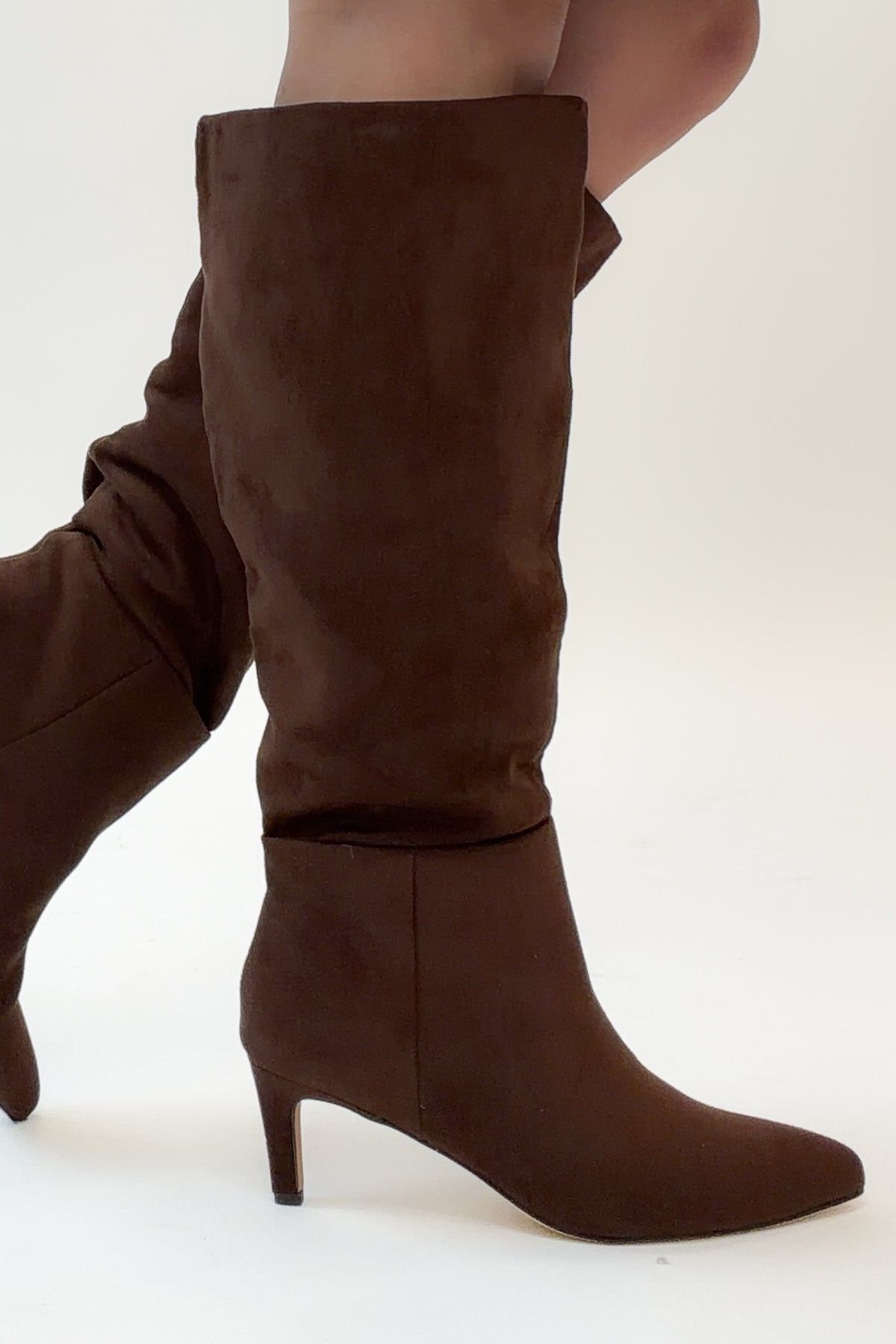 Joanna- Brown Suede Tall Boot against white studio background side view.