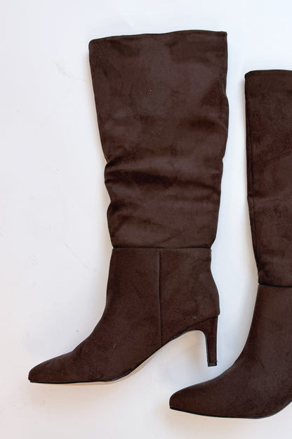 Joanna- Brown Suede Tall Boot against white studio background.