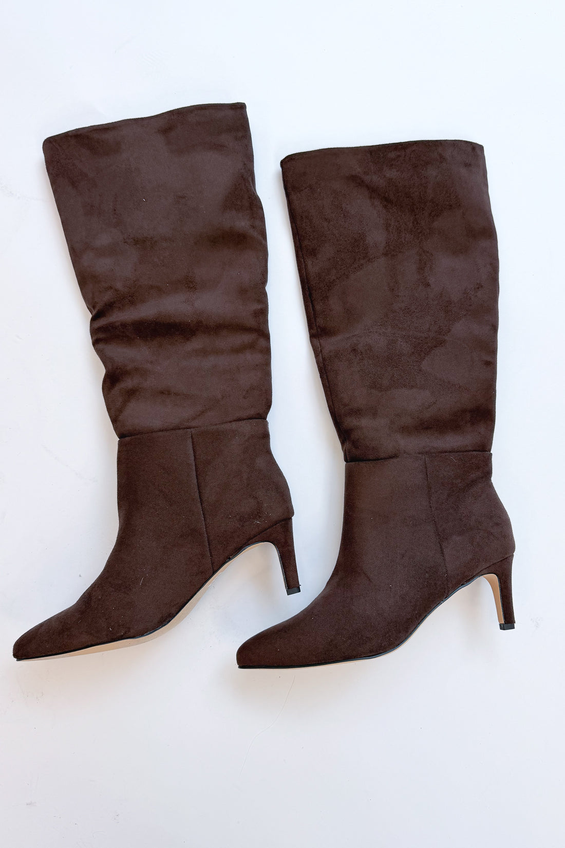Joanna- Brown Suede Tall Boot against white studio background.